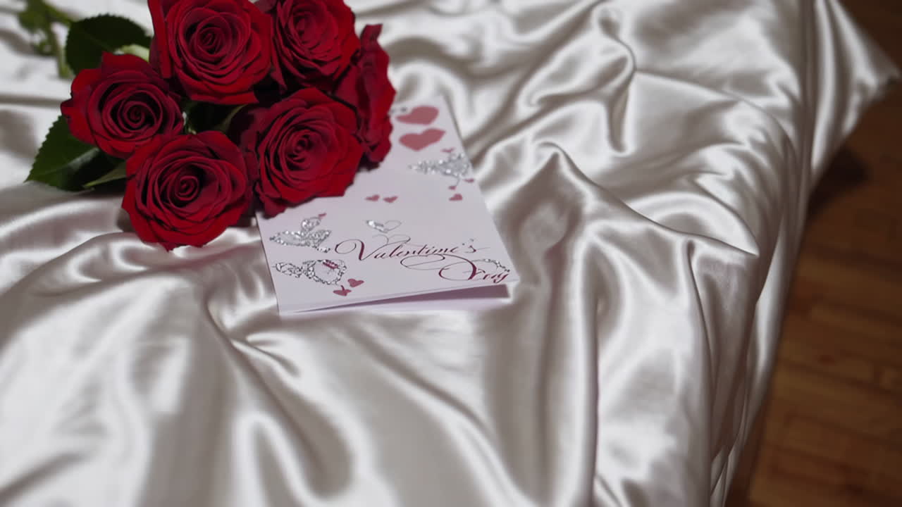 Red Roses and a Valentine's Day Card on a Bed