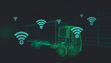 animación de múltiples iconos wifi sobre un modelo de furgoneta 3d que se mueve en un patrón sin costuras en un túnel