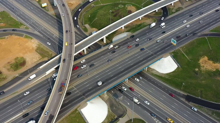 Aerial view of a freeway intersection traffic trails in Moscow.