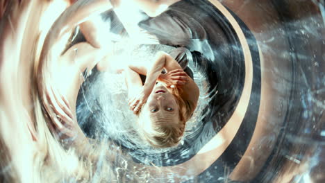 woman embracing herself in luminous mirrored vortex with distorted reflections