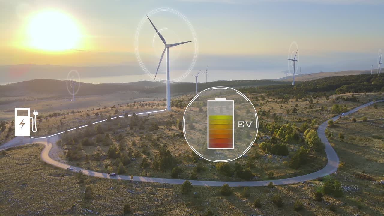 대안 에너지를 생산하는 풍력 터빈과 연료 아이콘이  ⁇ 어나오고 전기 자동차가 도로를 달리고 있습니다.