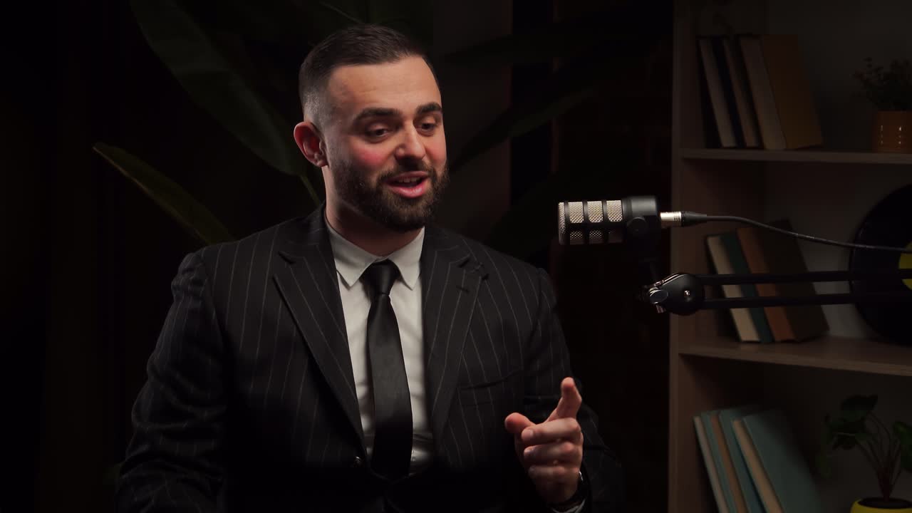 Businessman in a suit giving an interview or podcast