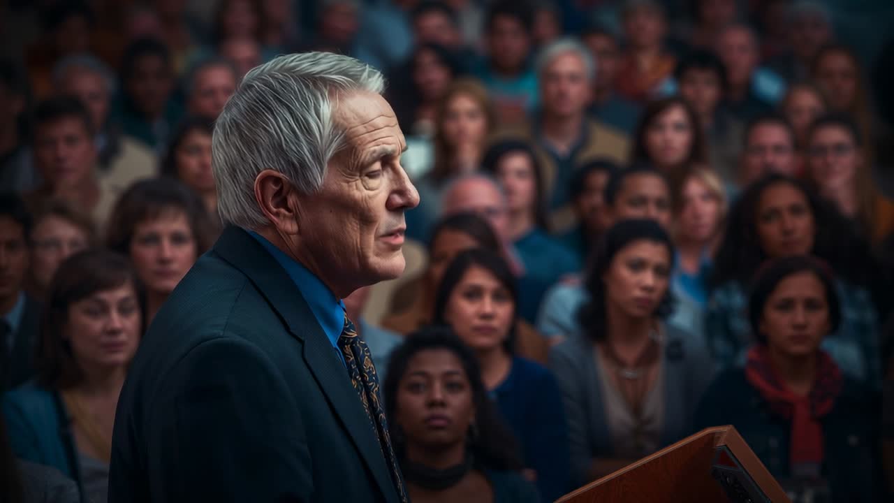 Stepping to podium senior man delivering remarks in formal hearing room, wooden podium
