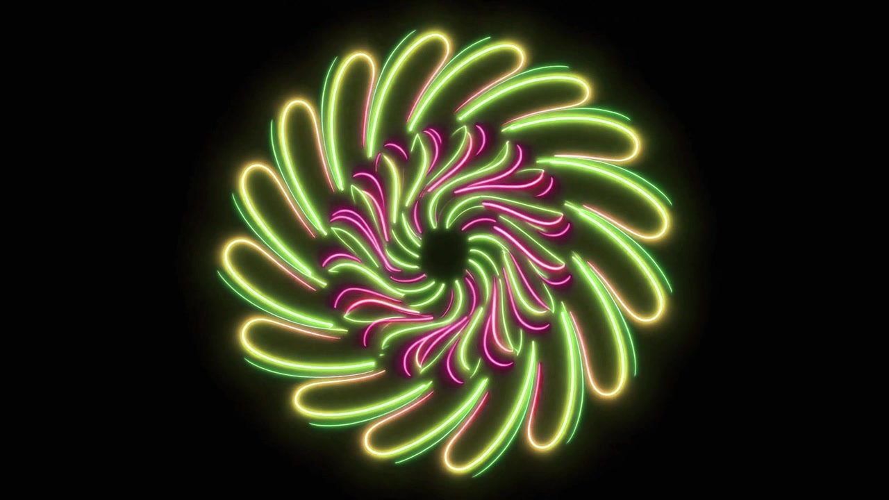 Neon Green and Pink Abstract Floral Pattern Rotating on Black Background