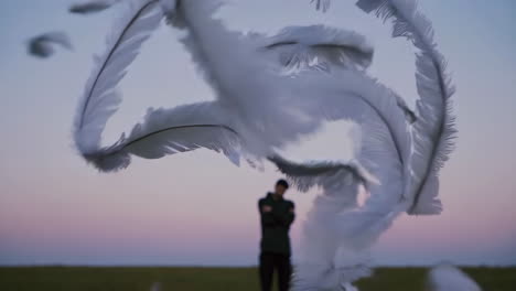 feathers floating around a person in an open field at dusk
