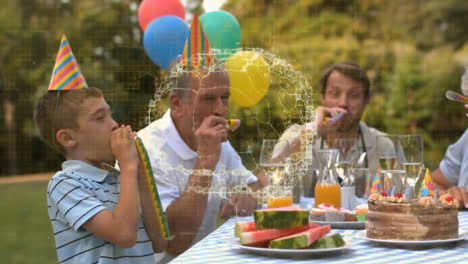 family blowing noisemakers at backyard party featuring animated balloons and confetti for marketing