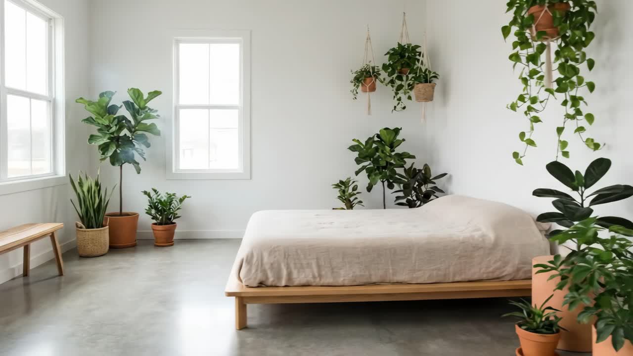 Interno di camera da letto minimalista con piante in vaso e luce naturale
