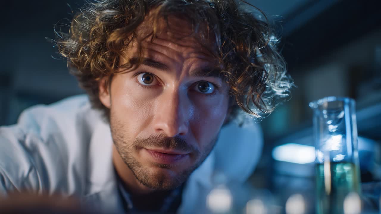 A focused scientist in a lab examining experiments with test tubes and equipment, showcasing curiosity and dedication to scientific discovery and research