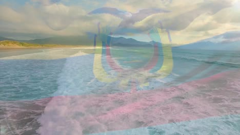 Animation-Der-Flagge-Von-Ecuador,-Die-über-Der-Strandlandschaft-Weht