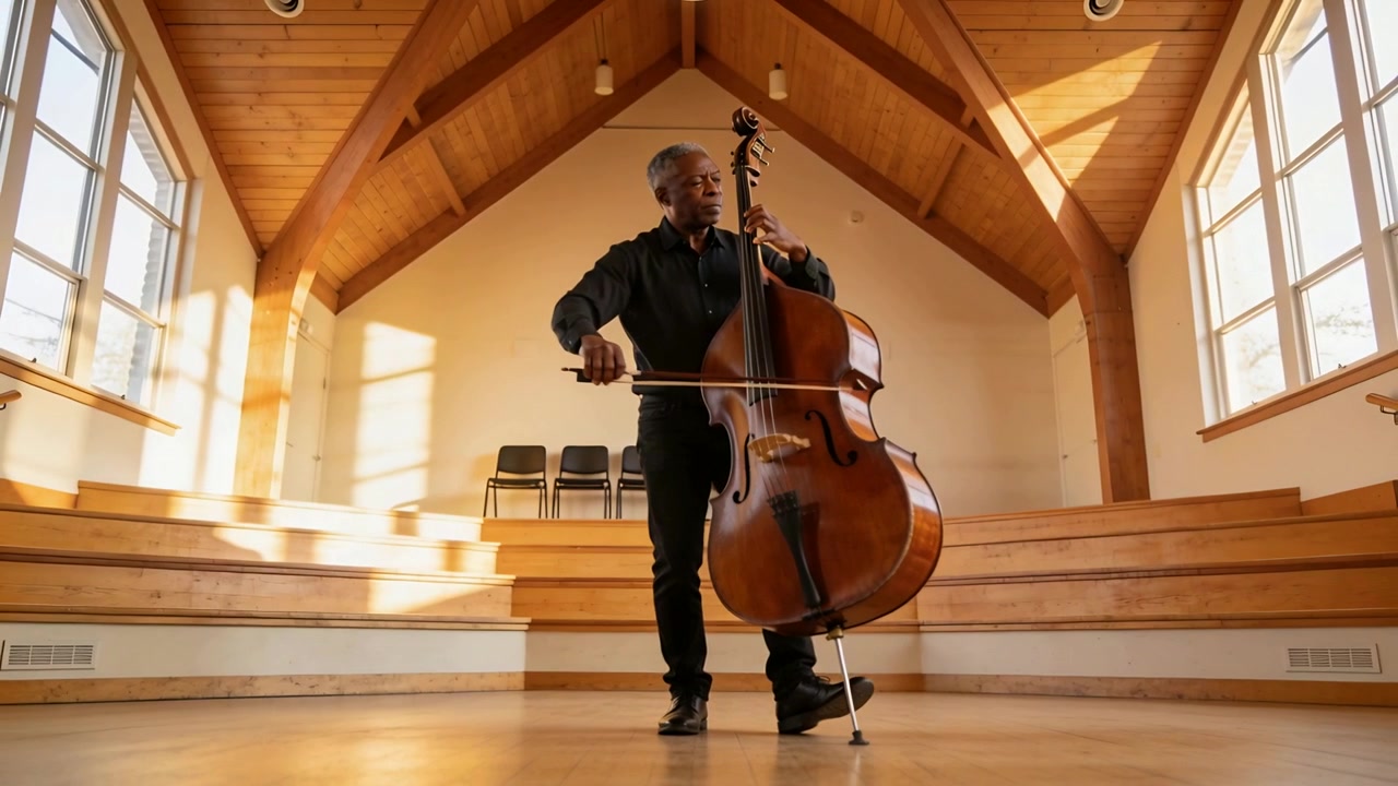Raising bow, senior musician playing in black drawing across double bass in chapel steadying endpin