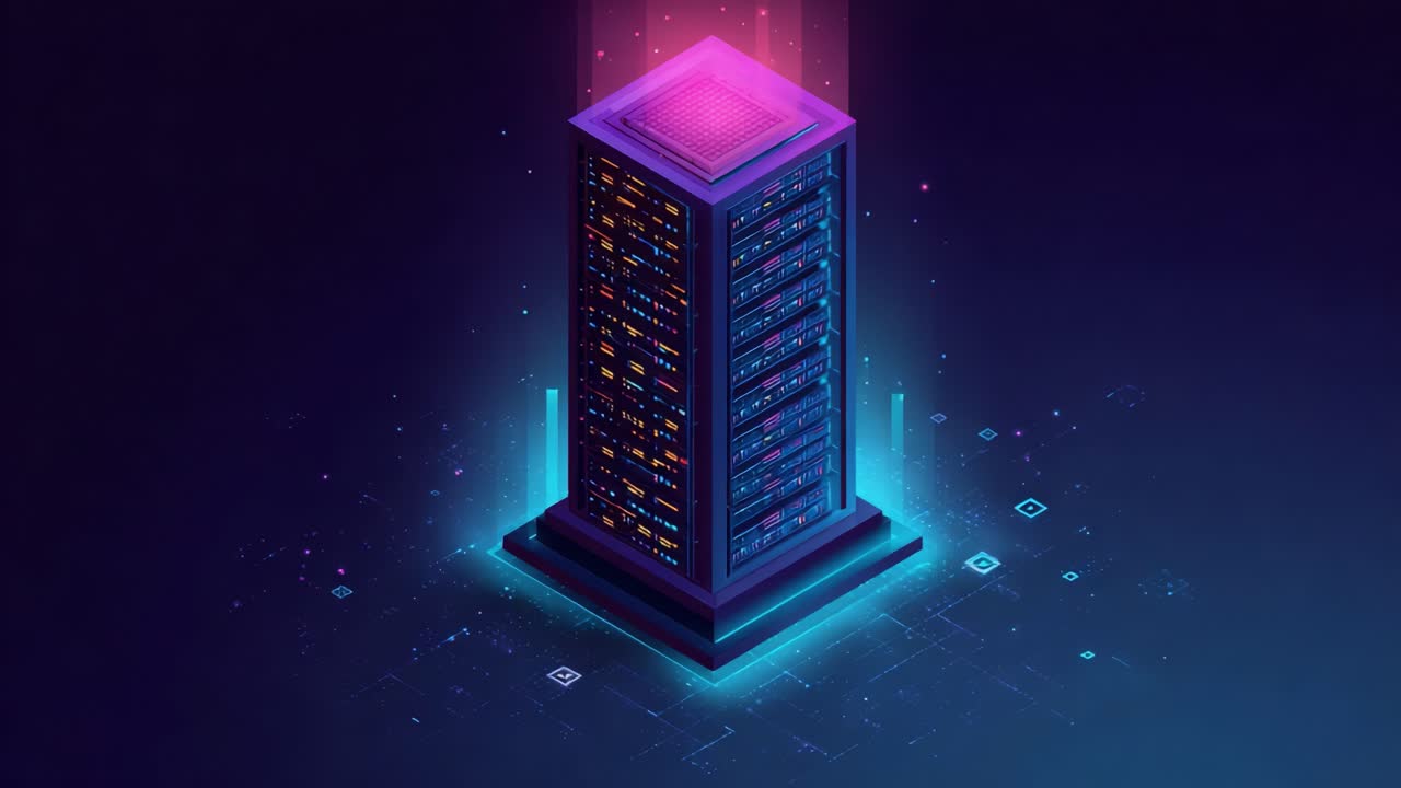A Stunning Visualization of a Modern Data Center Tower Illuminated with Vibrant Lights and Surrounded by Digital Network Elements, Symbolizing Advanced Technology and Connectivity