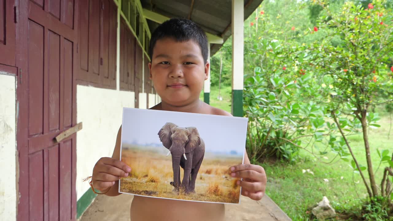 Anak Laki-laki Asia Memegang Gambar Gajah