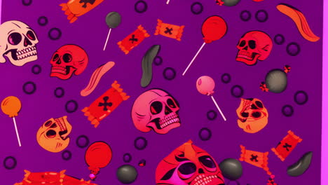 skulls, candies, and balloons animation over purple background