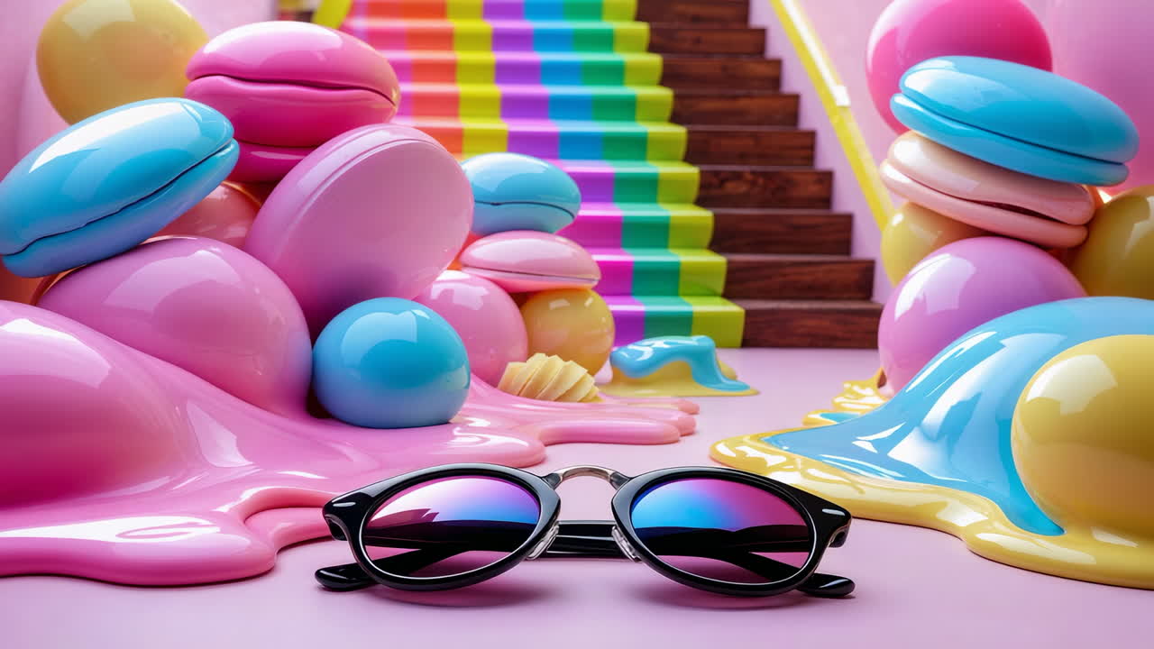 Colorful Pastel Surreal Scene with Sunglasses and Rainbow Stairs