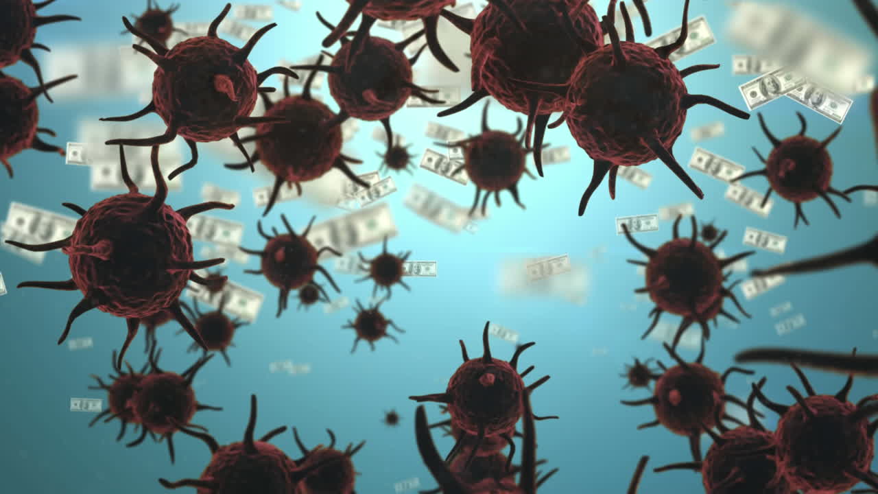 Animation of macro Covid-19 cells over American dollar bills falling.
