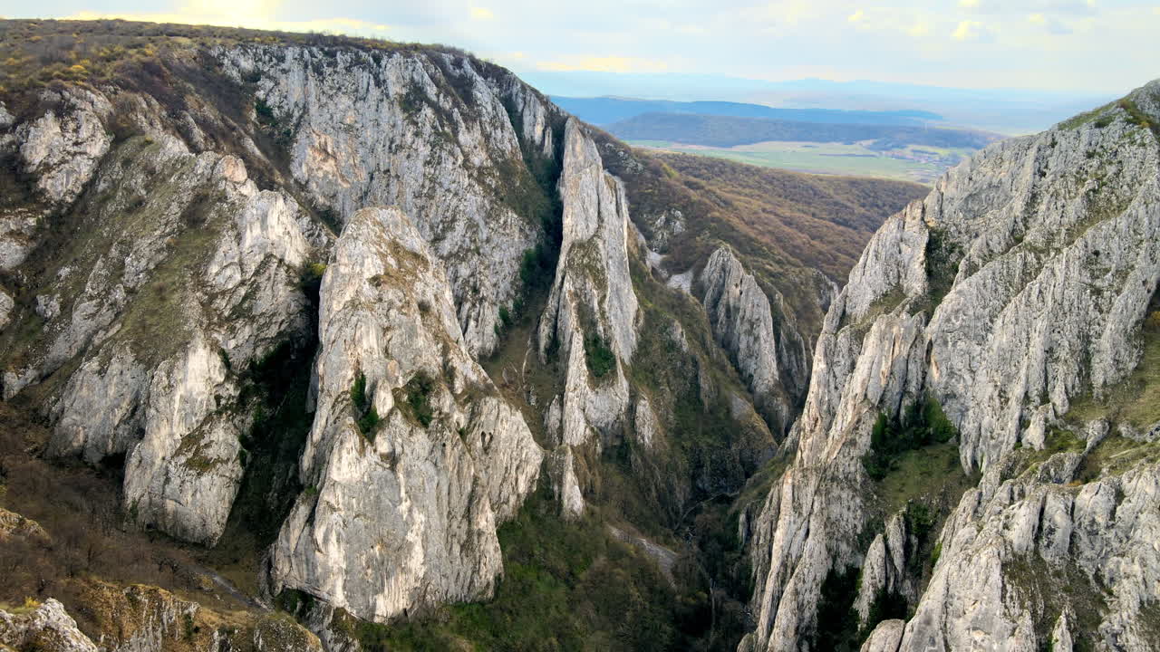 Vista aérea de drone de um cânion rochoso na Romênia. Penhascos rochosos com vegetação esparsa. Campos ao longe.
