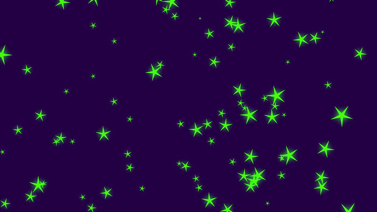 estrellas de brillo verde en un fondo púrpura. estrellas brillantes en la noche. estrellas brillando en el cielo. fondo con estrellas de brilo blanco. animación de bucle 3d, 4k