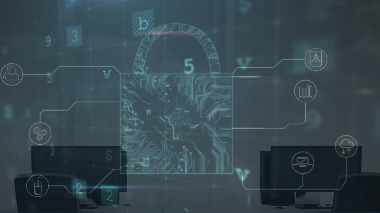 Animation of digital padlock, scanning and warning over computers in office