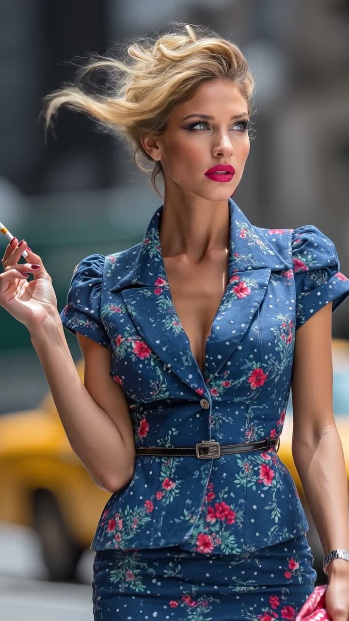 Elegante donna bionda in tailleur floreale blu che fuma una sigaretta su una trafficata strada cittadina