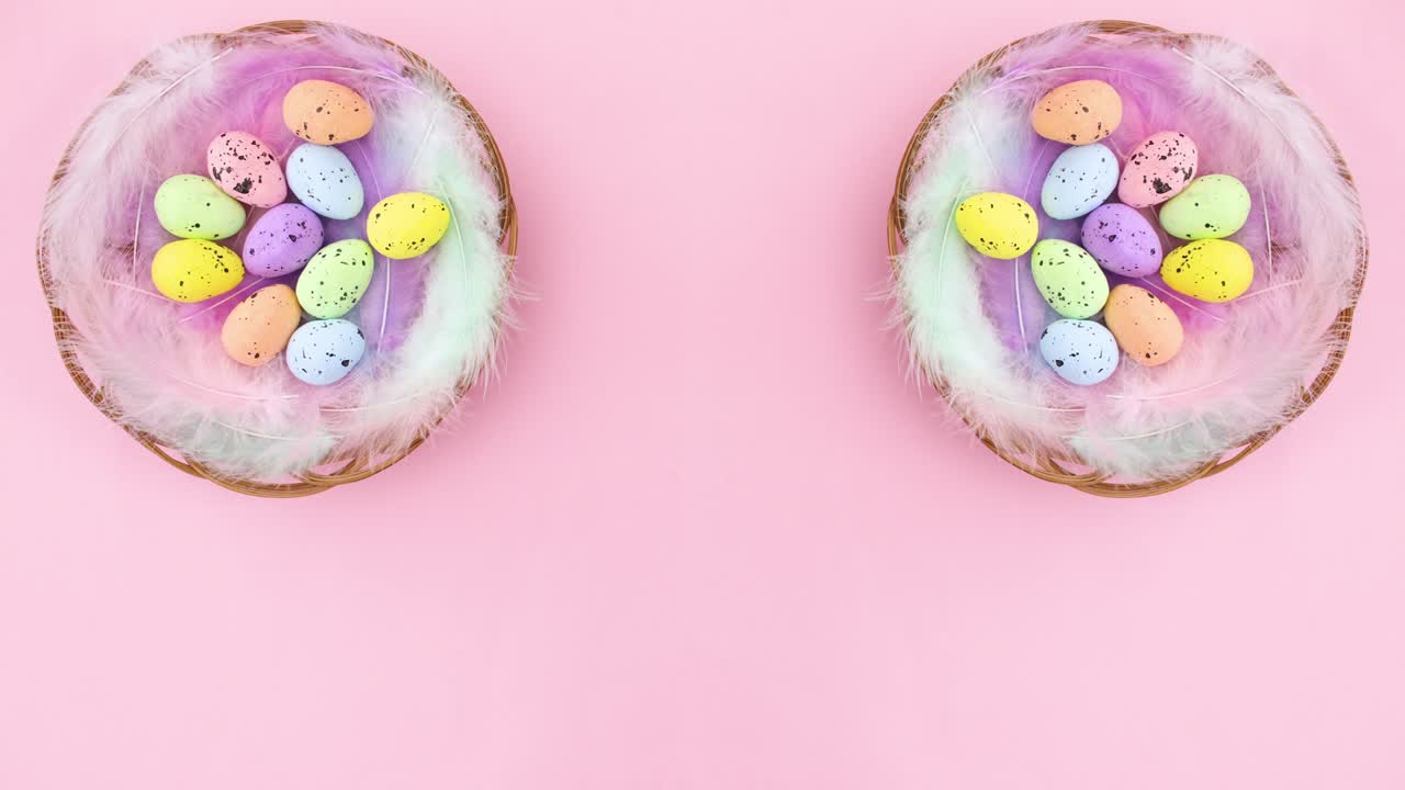 dos cestas de madera con plumas y huevos de pascua. detenga el movimiento