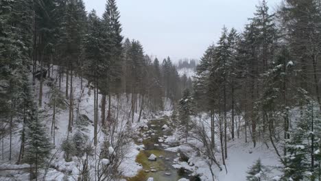 Aerial-view-of-Mostnica-gorge-in-winter-season-covered-with-snow