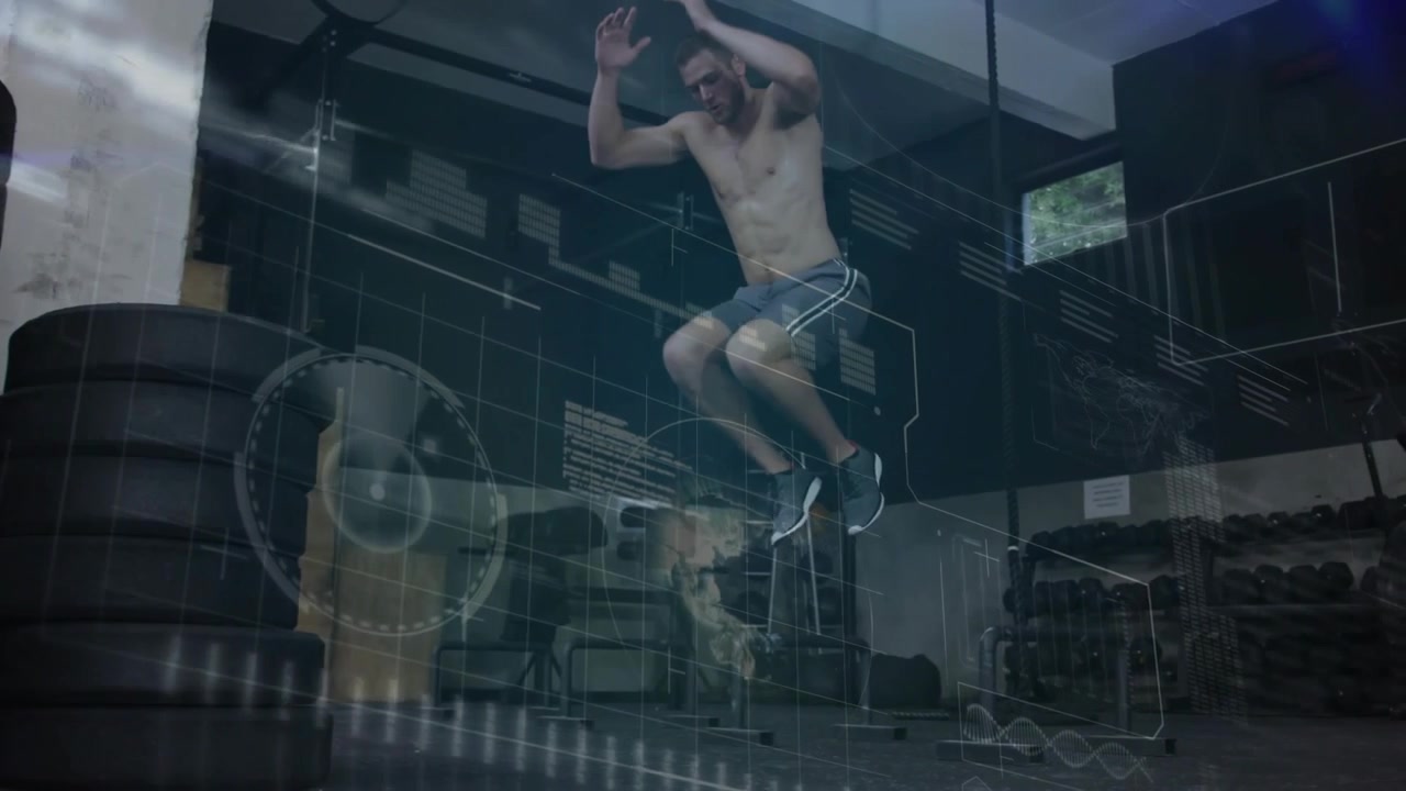Man doing jumps in garage, lowering into squat, starting leaps as HUD overlaying body, training