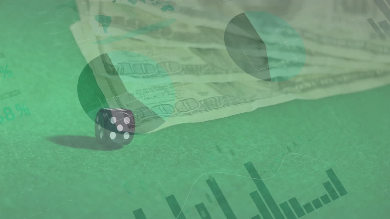 Animation of financial data processing over dice and american dollar bills on green background