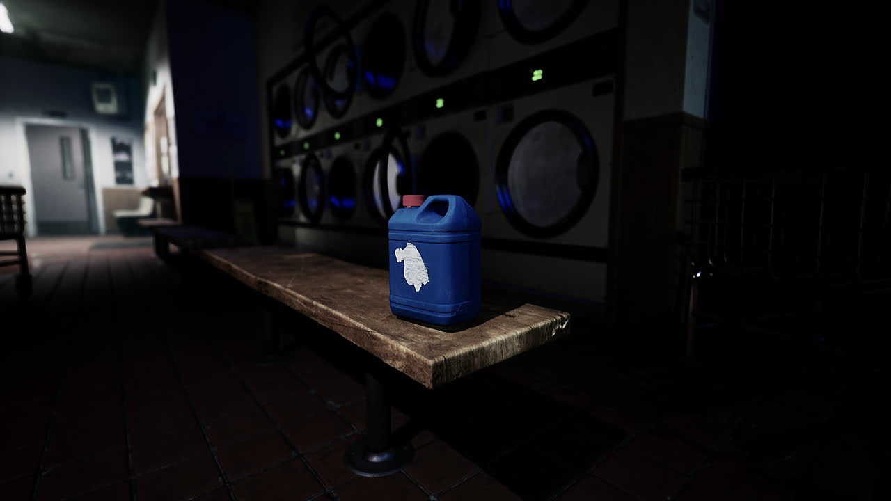 голубая бутылка стирального средства на скамейке в прачечной