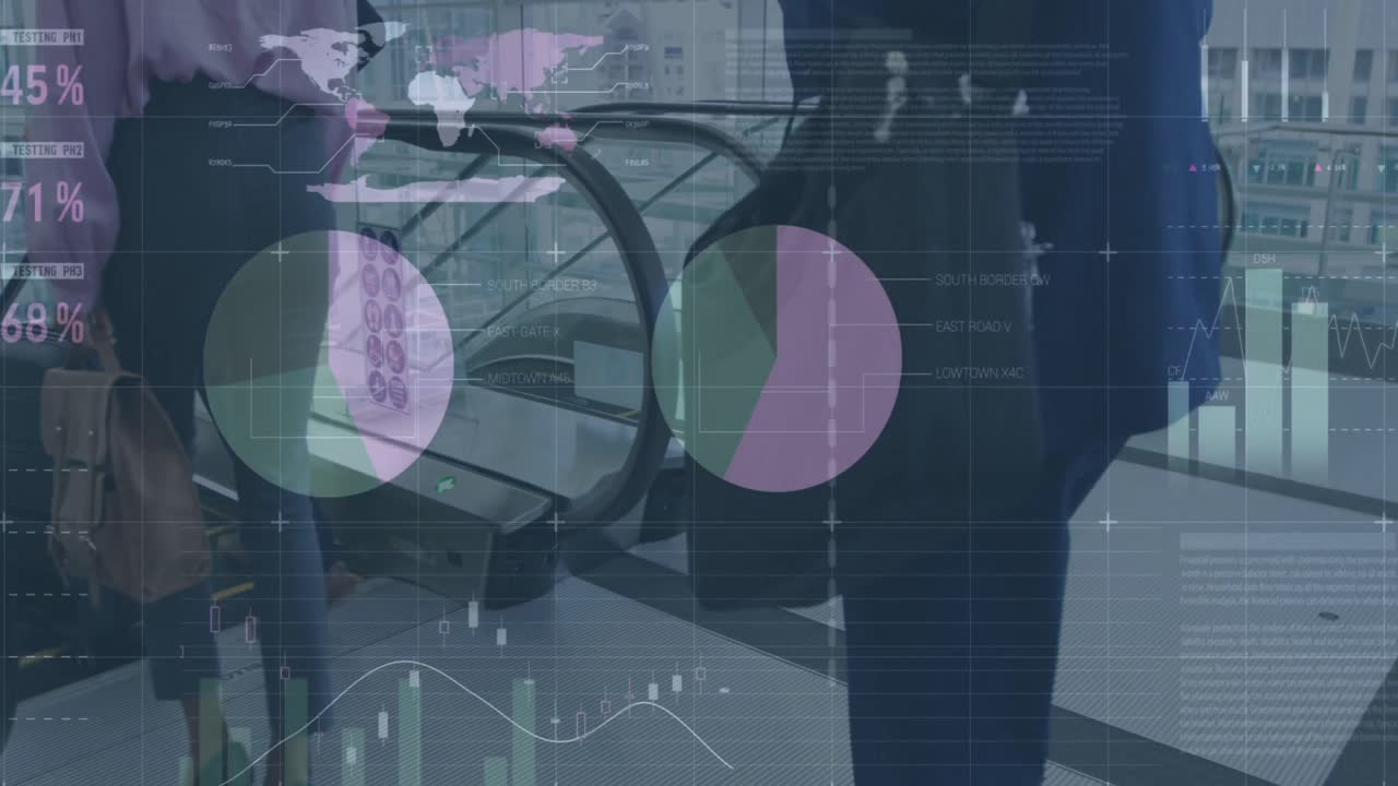 animación de datos financieros y gráficos sobre la sección media de diversos empresarios caminando