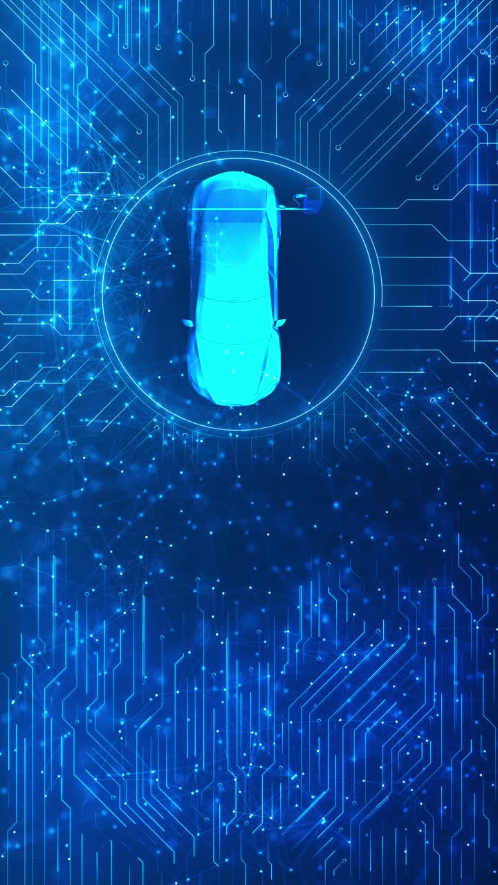 Video footage of futuristic digital plexus circuit glowing car icon inside neon ring representing