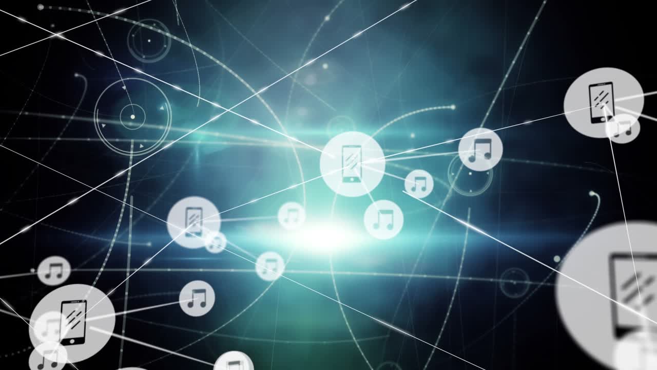 Animation of network of connections with icons with glowing spots