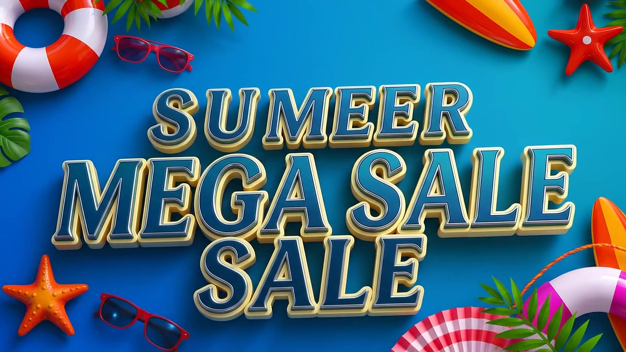 Sommer megaudsalg 3D-tekst med surfbrætter, solbriller og layout til kampagne for tropisk strandferie.