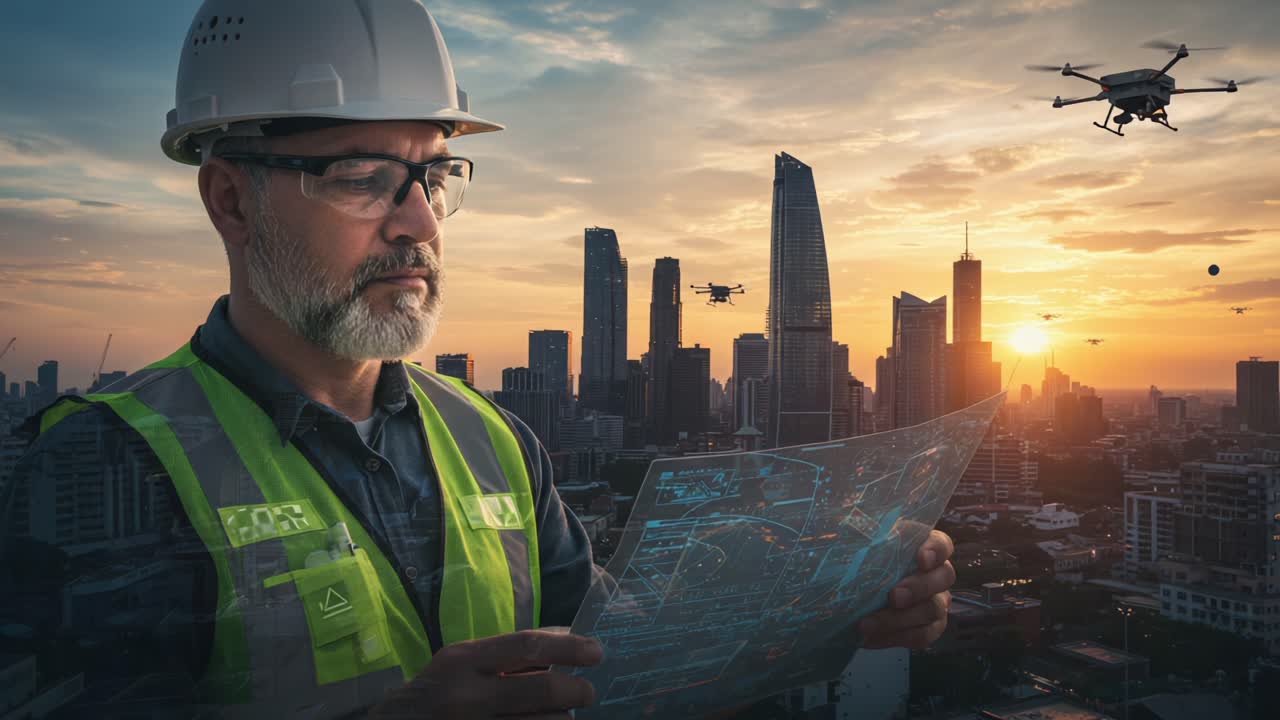 A Construction Professional Analyzes Plans in a Skyline Setting at Dusk, Overseeing Drone Operations for Efficient Project Management and Urban Development