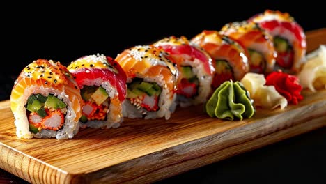 close-up of assorted sushi rolls on a wooden board