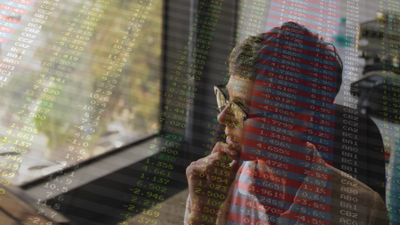 Woman reading report, adjusting specs, leaning in, analyzing stocks with ticker overlay growing