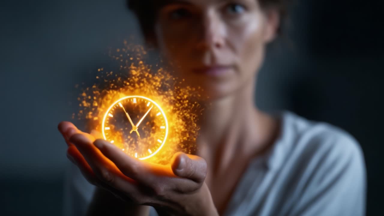 Iluminando o tempo: uma jornada cativante de uma mulher segurando um relógio radiante, cercada por faíscas encantadoras e energia mágica em um espaço pouco iluminado