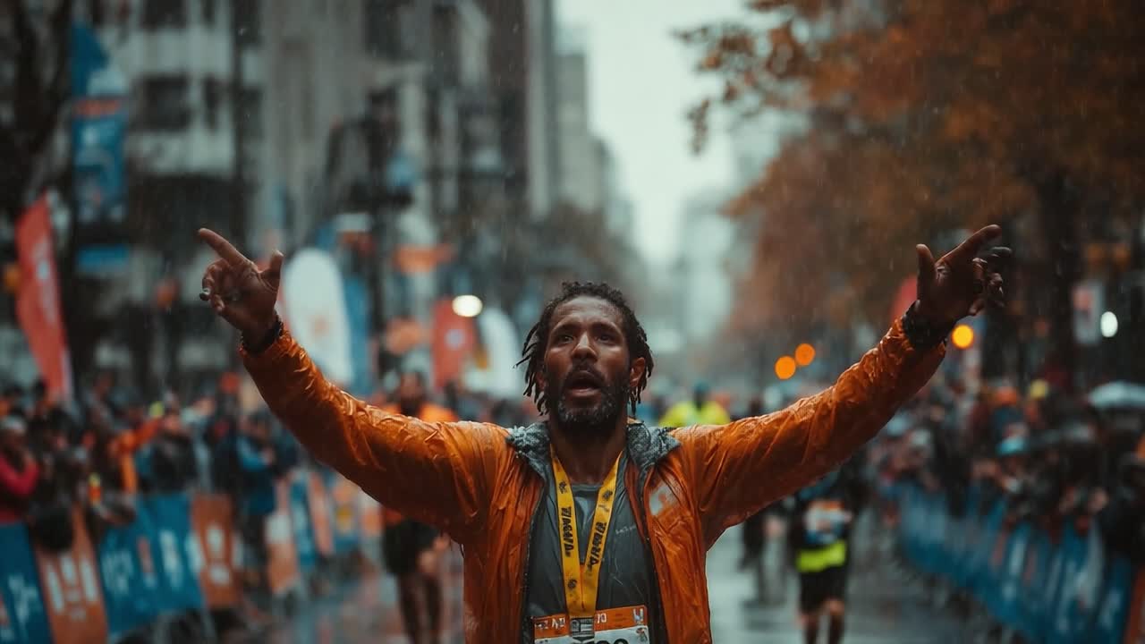 Celebrating Victory: A Runner's Triumphant Finish Amidst Rainy Weather and an Enthusiastic Crowd at a Marathon Event