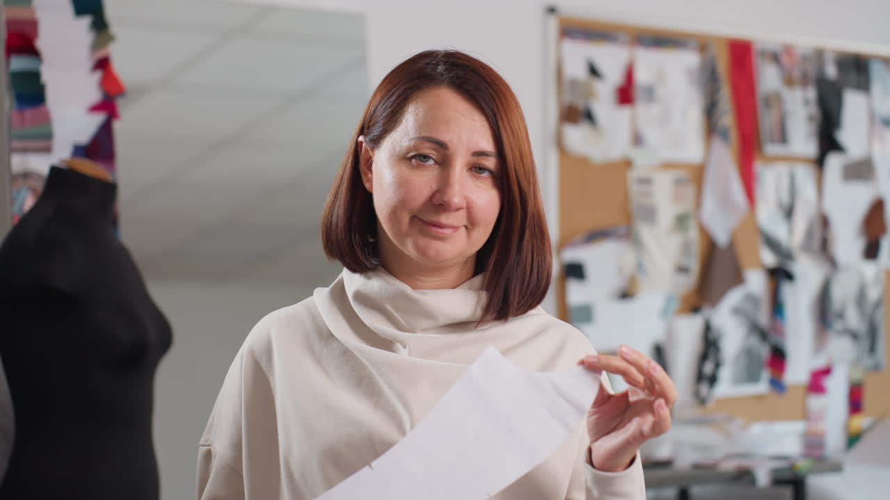 Female stylist smiling warmly while holding paper cut design inside bright creative workshop, standing confidently against background filled with colorful fabric samples and inspiration pinned