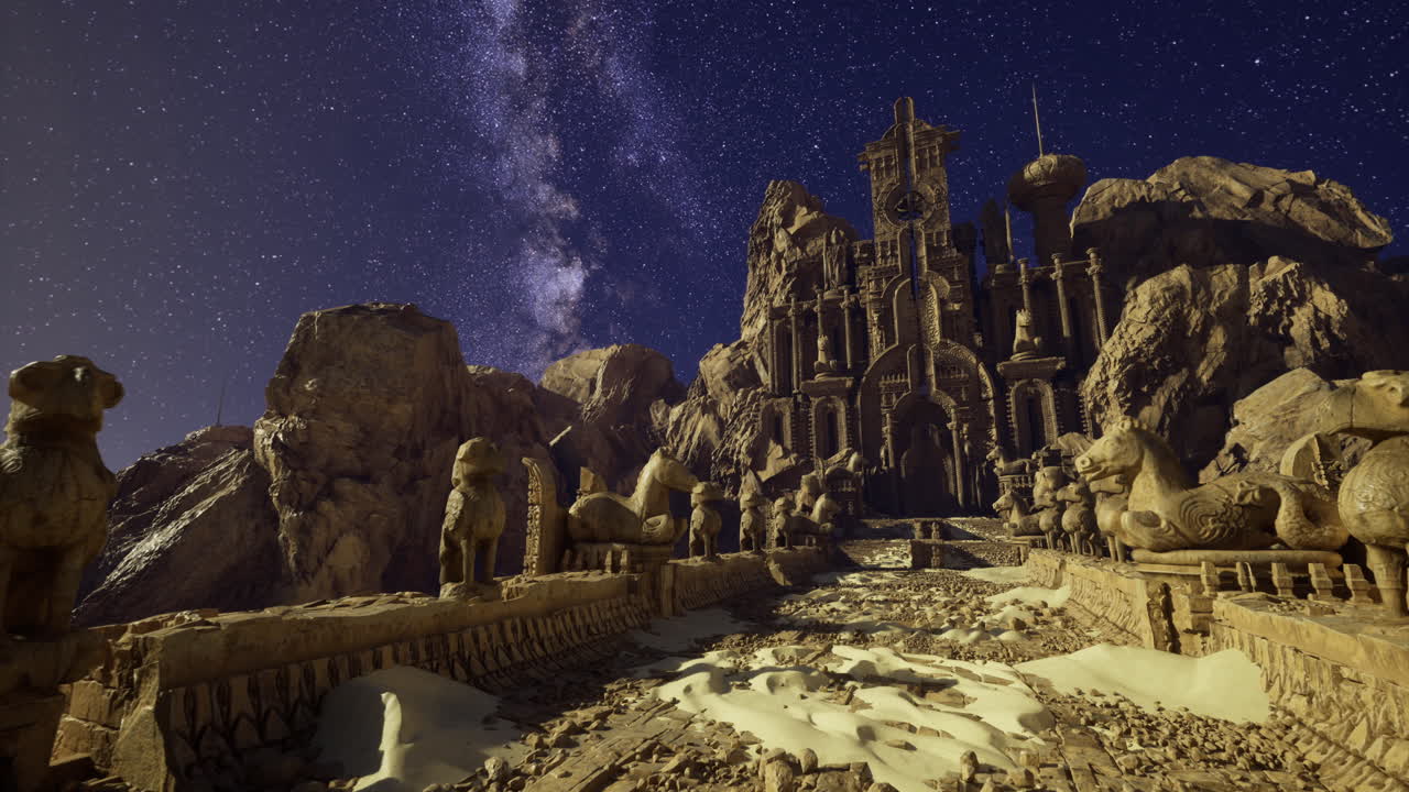 Ancient ruins under a starry night sky with impressive sculptures