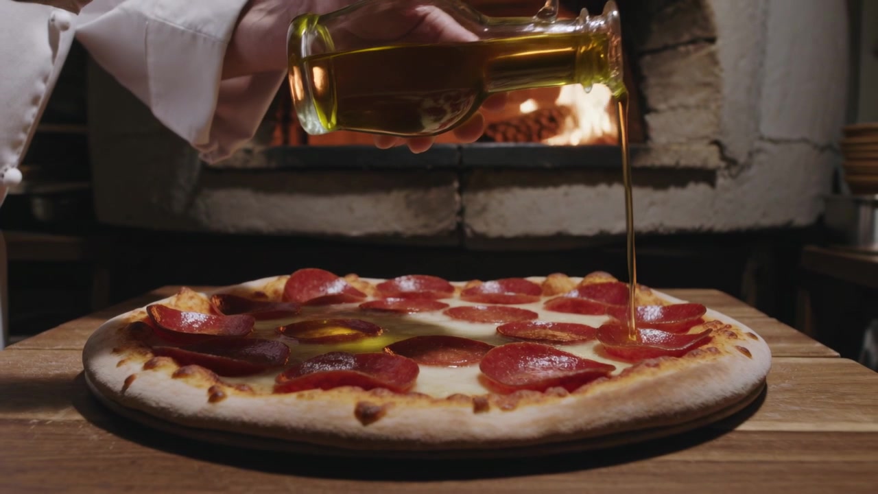 Uno chef in giacca entra e irrora olio d'oliva su una pizza ai peperoni su un tagliere vicino al forno, per la finitura.