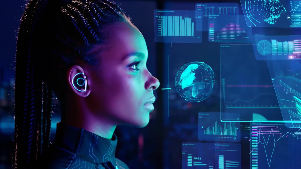 Young Woman Engaged with Futuristic Holographic Data Interface