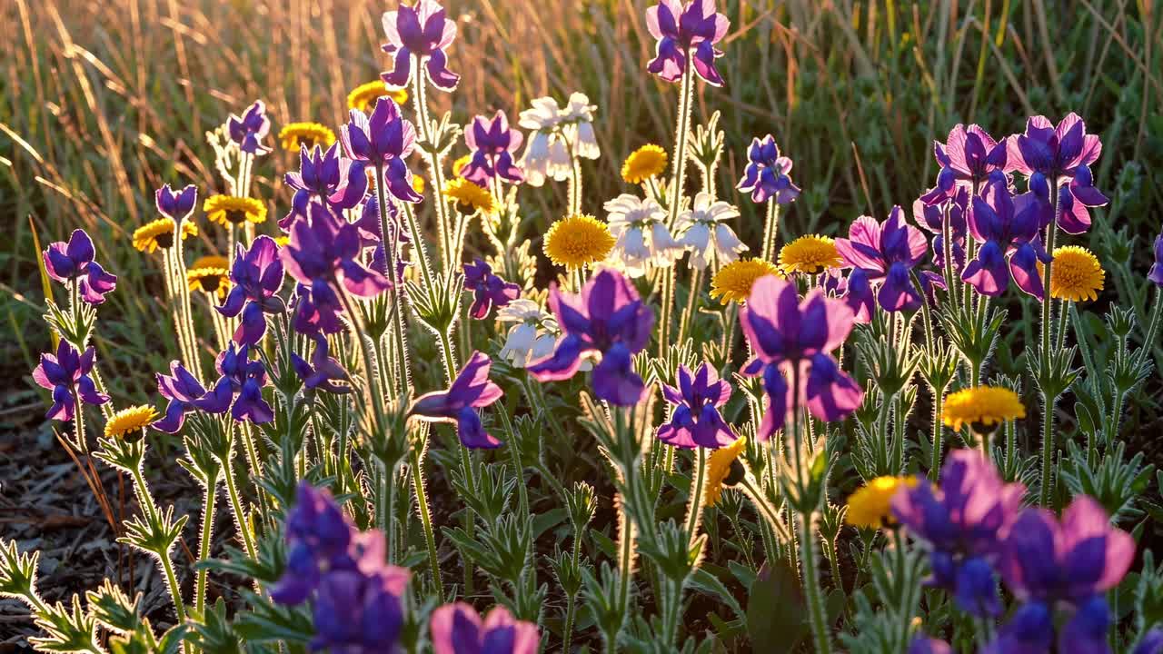 Video ravvicinato di vivaci fiori di campo all'alba, che cattura il bagliore caldo e la bellezza naturale