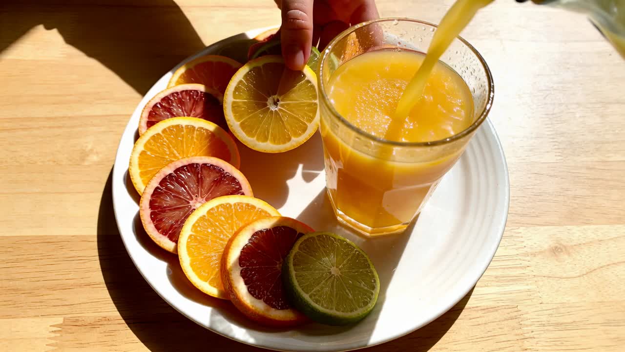 Brocca inclinata, mano che versa succo in un bicchiere su un piatto, tavolo illuminato dal sole, che posiziona una fetta di agrume per guarnire