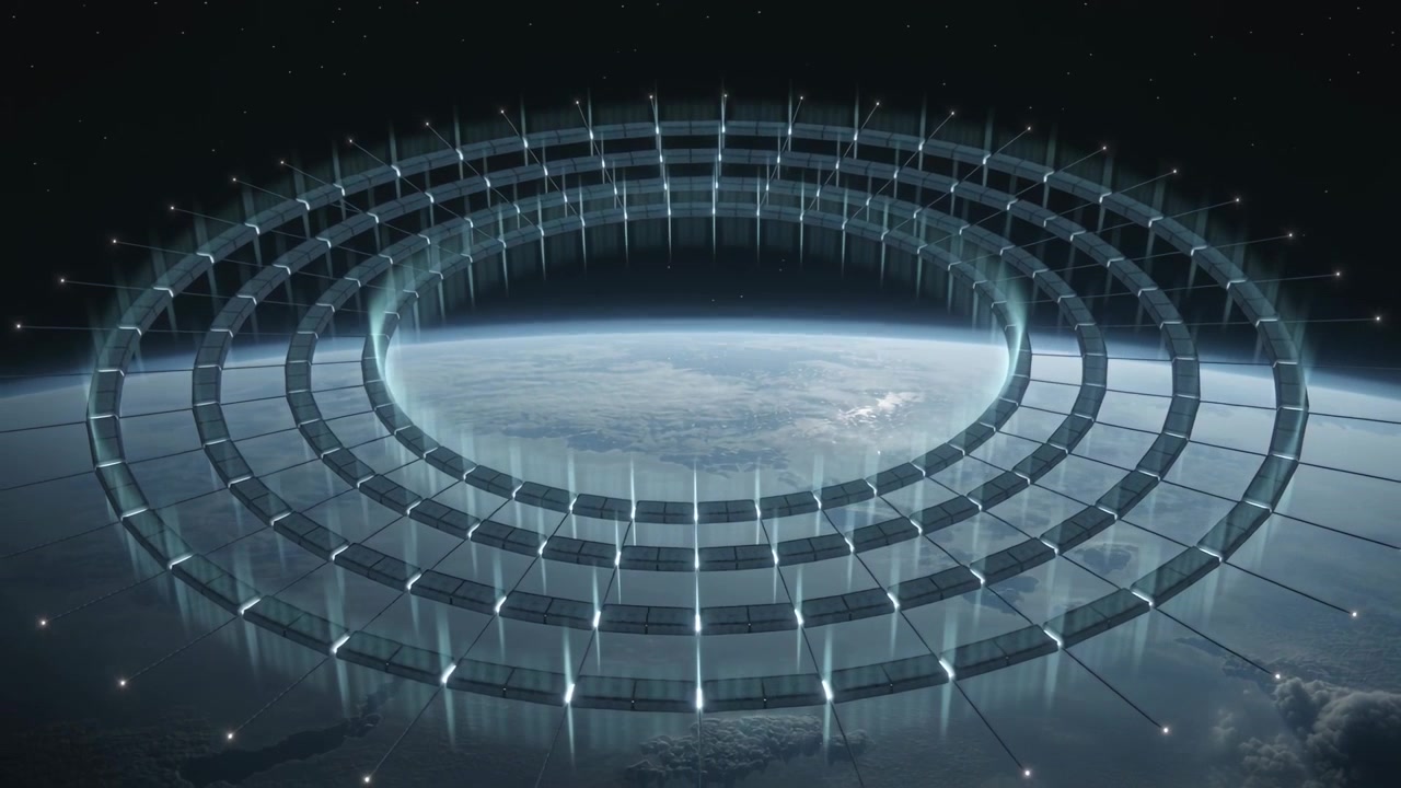 Receiving signal, concentric rings raising vertical lit struts in low orbit with panels and beacons
