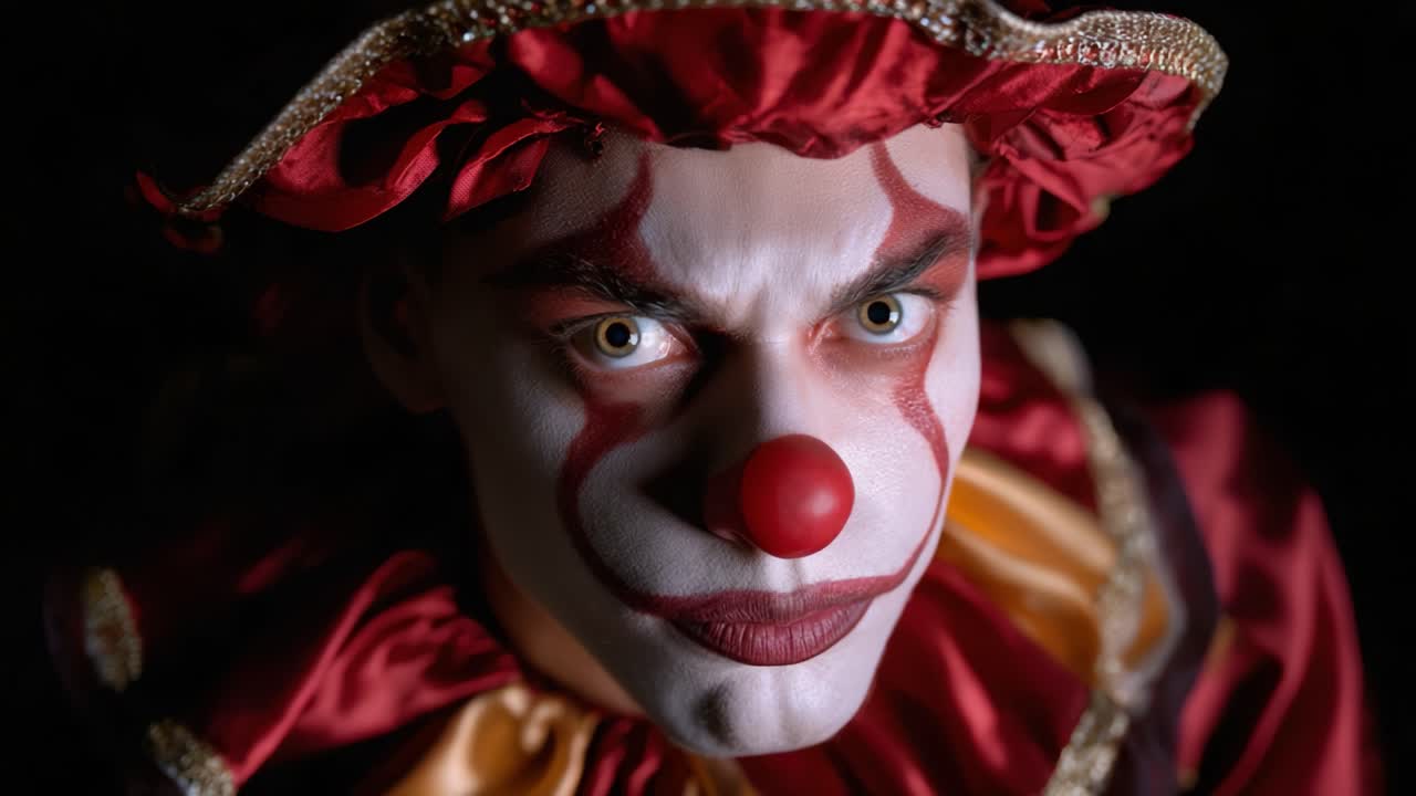 Intense Clown Portraits: A Dramatic Character Revealed Through Distinct Expressions and Bold Makeup in Two Intriguing Frames that Capture Unique Emotions
