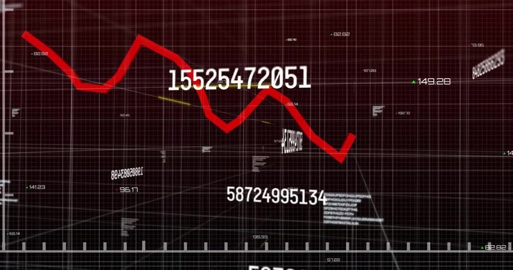 Timeline moving, red trace crossing grid, labels updating, yellow marker shifting showing finance