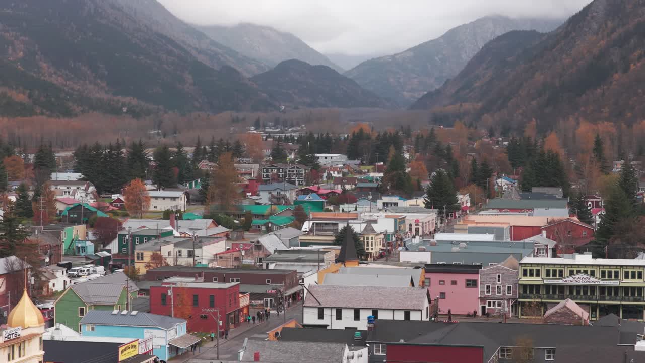 Aerial telephoto shot flying over colorful 19th century buildings in Skagway during the fall season in Southeast Alaska. 4K