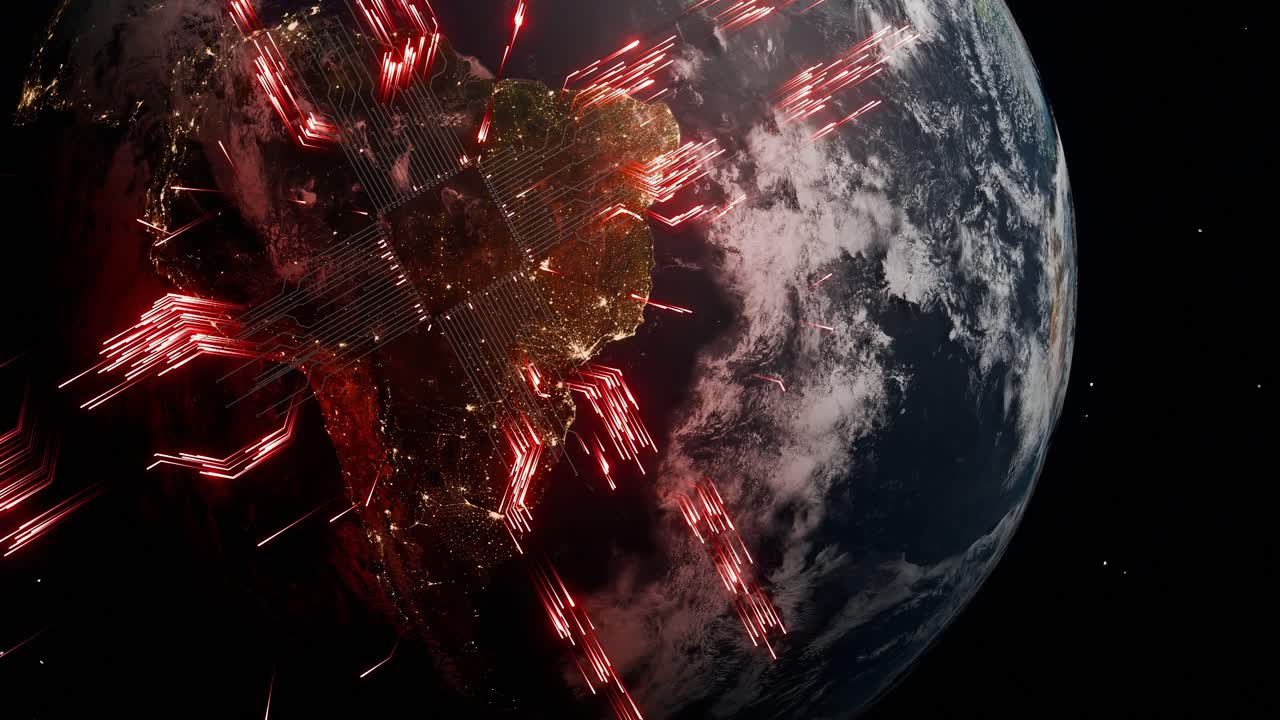 Planet Earth with visible South America at night and glowing red digital circuit arrows in outer space. 3D render symbolizing global data transmission, cyber communication and digital