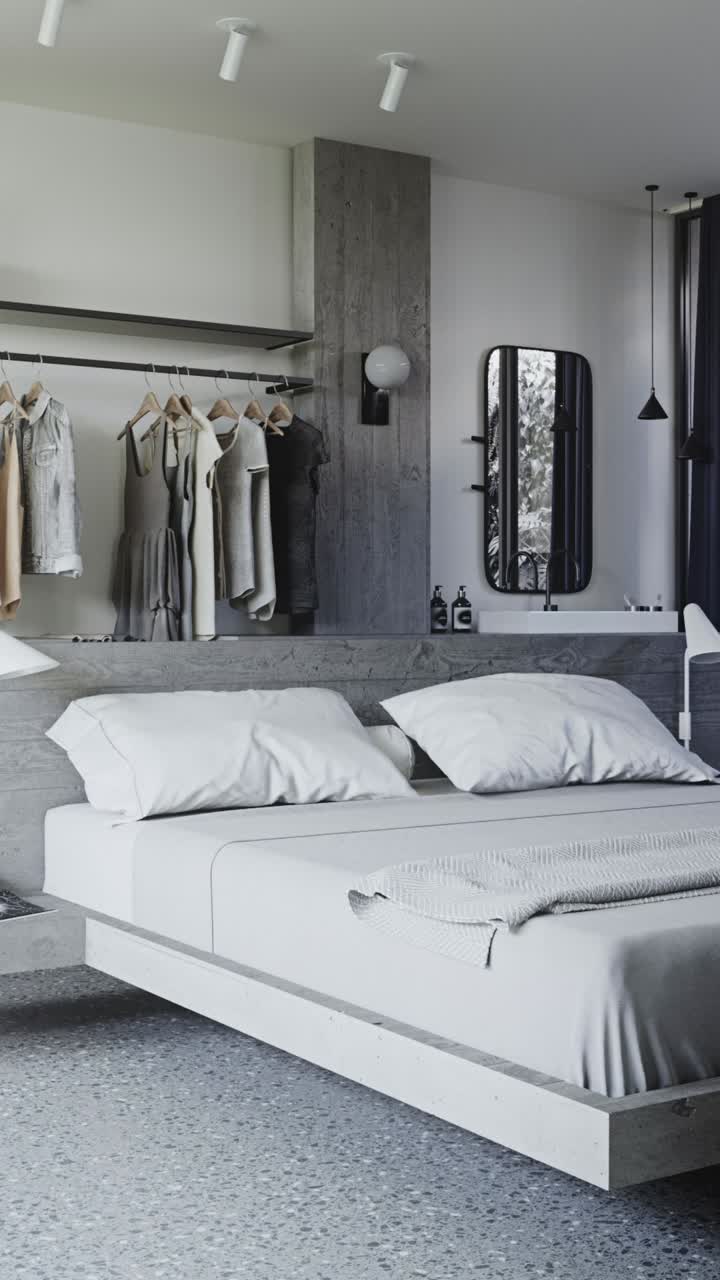 Design moderno per una camera da letto con arredamento minimal e una semplice disposizione