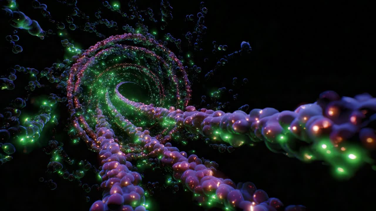 Un viaggio ipnotico attraverso una spirale di molecole colorate, che illustra l'intricata connessione tra le particelle in uno spazio 3D pieno di luce e vivacità